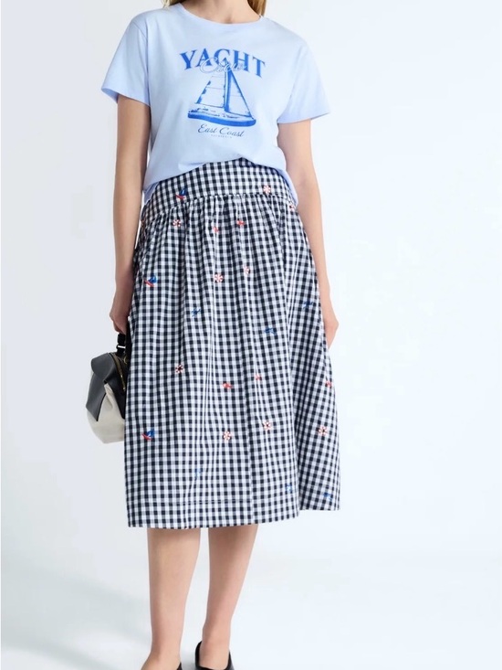 Free Assembly Dresses & Skirts - Gingham Midi Skirt with Star Embroidery in Black & White